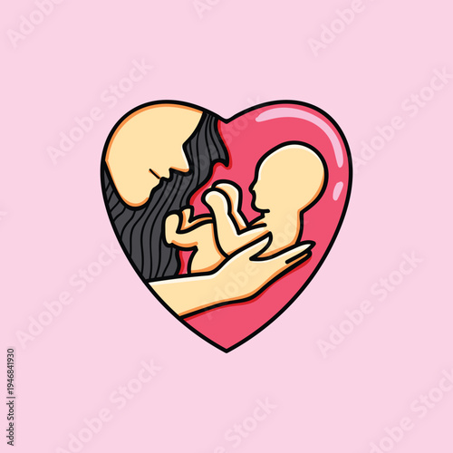 Mother's Day, Mother Holding Newborn Baby In Heart Illustration Representing Maternal Love And Family Bond