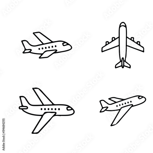 Four simple line art illustrations of airplanes from various perspectives, depicting different flight angles and designs for travel and transport.