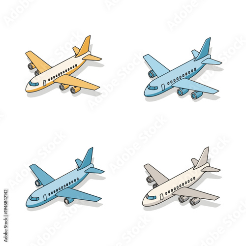 Four cartoon-style airplanes in various colors, depicted from an isometric top-down view, suitable for graphic resources and transport themes.