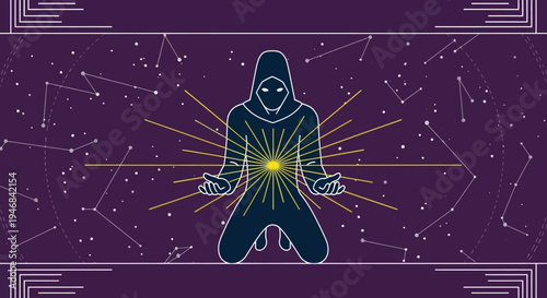 Mystical Figure Kneeling in Cosmic Energy Burst, Stars Background