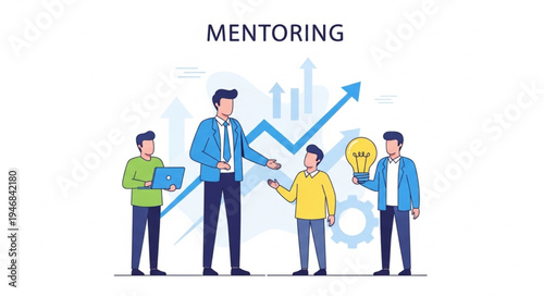 Business mentor guiding younger colleagues with growth chart and ideas.