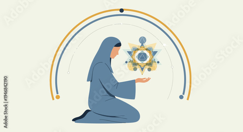 Woman in blue hijab meditating with sacred geometry symbol in circle