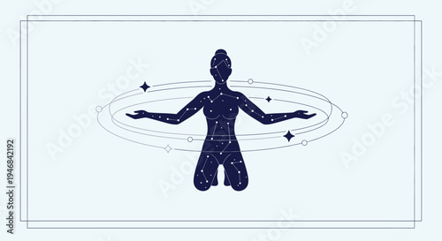 Celestial Silhouette Woman Meditating with Cosmic Energy Swirls and Stars