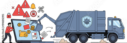 Digital Data Disposal and Cybersecurity Concept Featuring Laptop and Garbage Truck for Safe Data Deletion and Cyber Hygiene Design