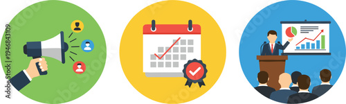 Business Communication, Event Schedule, and Presentation Icons Vector Illustration with Megaphone Marketing, Calendar Planning, and Corporate Meeting Concept