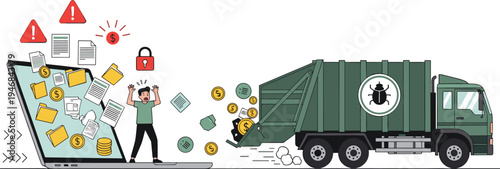 Illustration of Digital Data Disposal Concept with Laptop and Trash Truck for Data Cleanup and Cybersecurity Design