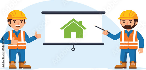 Construction Workers Presenting House Project Plan Vector Illustration with Builders in Safety Helmets Explaining Home Building, Architecture, and Real Estate Development Concept