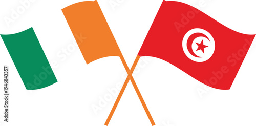 Crossed Ireland and Tunisia Waving Flags Vector Illustration Representing International Friendship, Diplomatic Relations, Cultural Exchange, European and North African Cooperation Concept