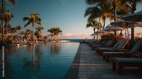lounger. Tropical resort coastline during golden hour, featuring empty poolside loungers and a glowing atmosphere. travel magazines, destination branding, designed for travel destination branding.