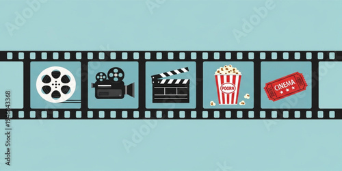 Cinema Film Strip Banner with Movie Reel, Camera, Clapperboard, Popcorn, and Ticket Icons Representing Film Industry and Entertainment Concept