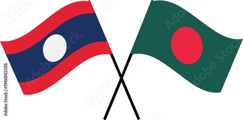Crossed Laos and Bangladesh Waving Flags Vector Illustration Representing International Relations, Diplomatic Partnership, Asian Cooperation, and Global Friendship Concept