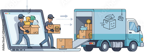 E-commerce and Delivery Process Icon Set with Package Shipping, Online Shopping, and Truck Logistics for Logistics and Retail Designs