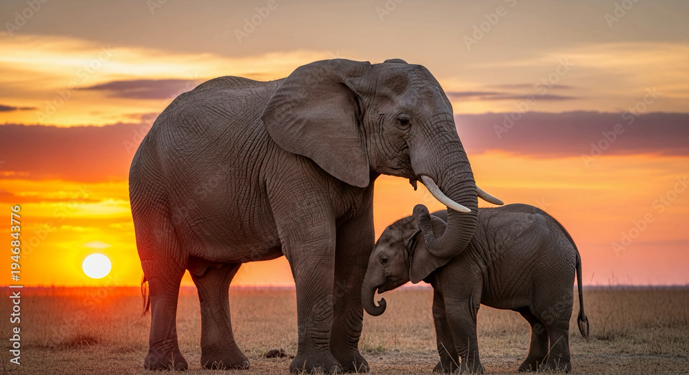 Fototapeta premium Elephants at sunset large and small standing on savannah with orange sky background