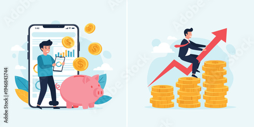 Personal Finance and Investment Growth Vector Illustration with Mobile Banking, Savings Piggy Bank, Gold Coins, and Business Profit Increase Concept