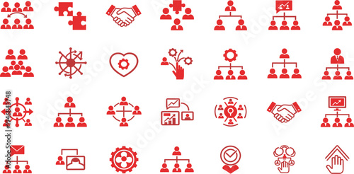 Teamwork and Business Organization Icon Set with Leadership, Partnership, Collaboration, Hierarchy Structure, Strategy, and Corporate Management Symbols