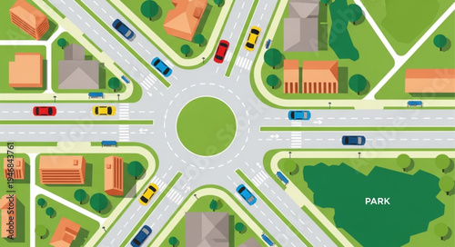 Aerial View of a Traffic Roundabout with Cars and Buildings.