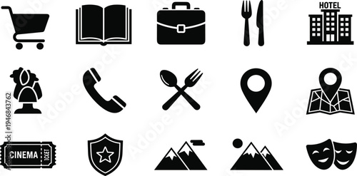 Travel and Tourism Icon Set with Hotel, Map Location, Restaurant, Shopping Cart, Cinema Ticket, Mountains, and Communication Symbols for Navigation Design