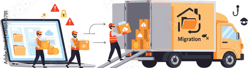 Illustration of Data Migration Concept Featuring Workers Loading Data into Truck from Laptop for Digital Transfer and Cloud Storage Design