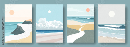Colorful set of landscape summer posters with sea or ocean, beach, rocks, waves, sun, clouds, road. Abstract illustrations, vacation and travel concept. Simple design for cover, poster, card, banner