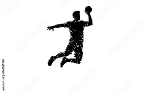 Professional Handball Player Jump Shot Silhouette, Athlete Scoring Goal Vector Sticker, High Energy Sports Action Illustration