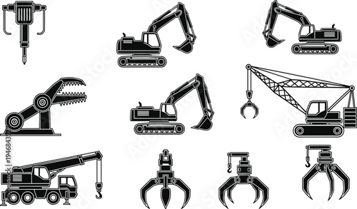 Construction machinery heavy equipment silhouette illustration design, industrial automation artwork concept, excavator crane robotic arm theme, mechanical symbol graphic style image