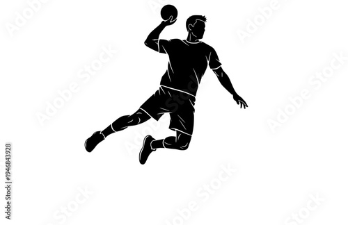 Professional Handball Player Jump Shot Silhouette, Athlete Scoring Goal Vector Sticker, High Energy Sports Action Illustration