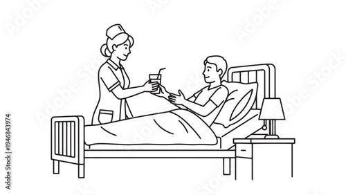 Nurse Assisting Patient in Hospital Bed for Inpatient Care Clinical Support and Healthcare Services Vector Illustration