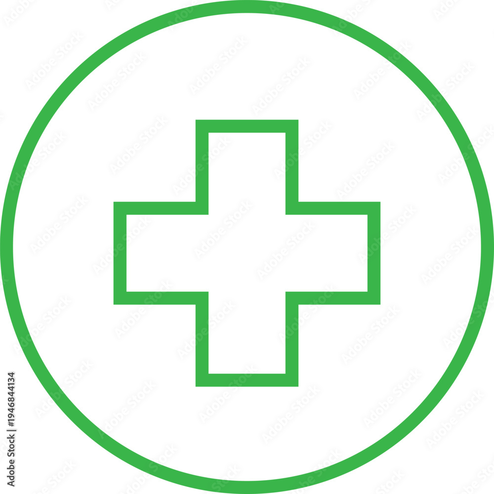 Obraz premium Circular Green Outlined Plus Symbol for Medical and Healthcare Concept, health-related mobile apps, hospital signage, first aid kits, and modern website navigation.