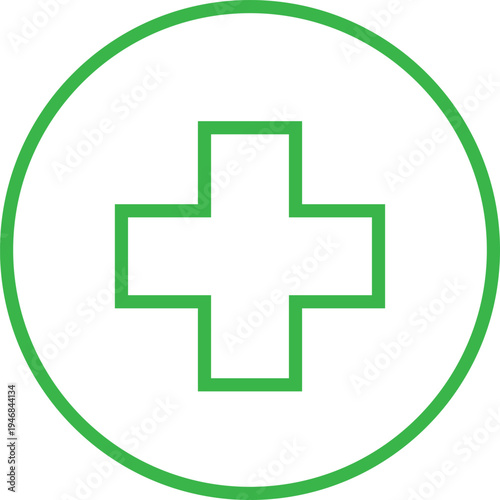 Circular Green Outlined Plus Symbol for Medical and Healthcare Concept, health-related mobile apps, hospital signage, first aid kits, and modern website navigation.
