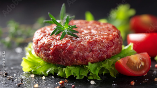 A raw beef burger patty on lettuce with tomato and herbs