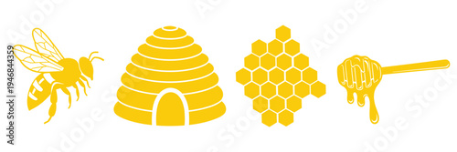 Honey bee hive honeycomb and dipper vector set isolated on transparent background