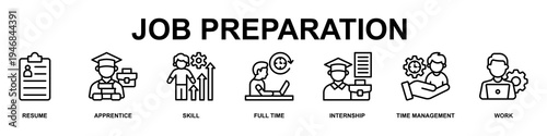 Job Preparation Banner Web Icon Vector Illustration Concept for Business with Icons of Resume, Apprentice, Skill, Full Time, Internship, Time Management and Work