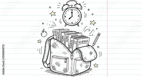 Back to School Backpack Filled with Books and Alarm Clock Illustration.