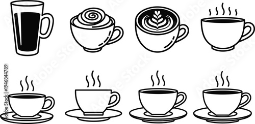 Set of Coffee Cup Icons Featuring Espresso, Cappuccino, Latte, and Hot Beverage Designs for Coffee Lovers and Cafe Design