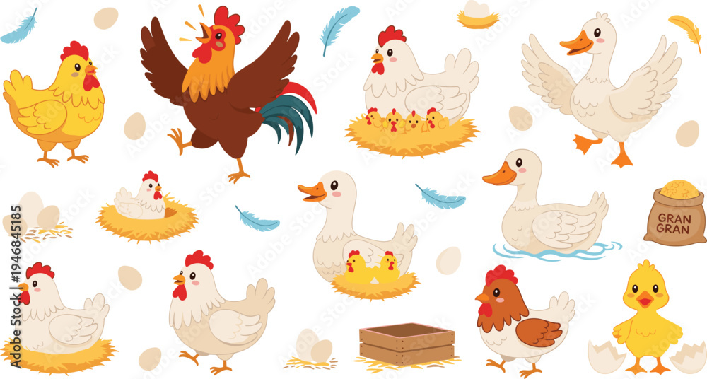 Obraz premium Cute Farm Poultry Animals and Chicks Collection with Rooster, Hen, Duck, Nest, Eggs, Grain Sack, and Barnyard Bird Cartoon Vector Illustration Set