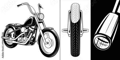 Illustration of motorcycle with silencer and rear tire  black and white drawing