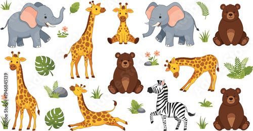 Cute Safari Wild Animals Cartoon Collection Featuring Elephants, Giraffes, Zebra, Bears, Tropical Leaves, and Jungle Nature Elements Kids Style Vector Illustration Set