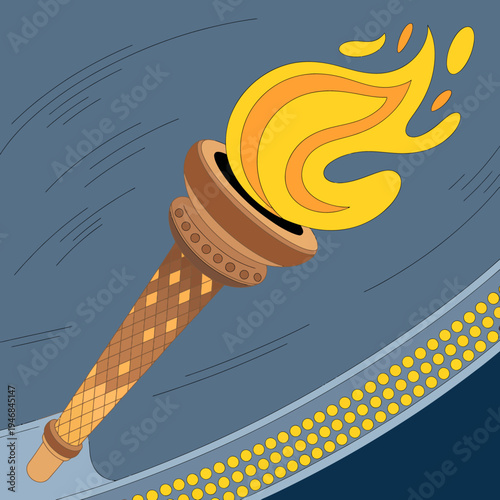 Olympic torch with flame on blue background with yellow dots