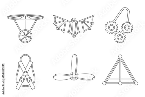 Line drawn icons of various objects on white background