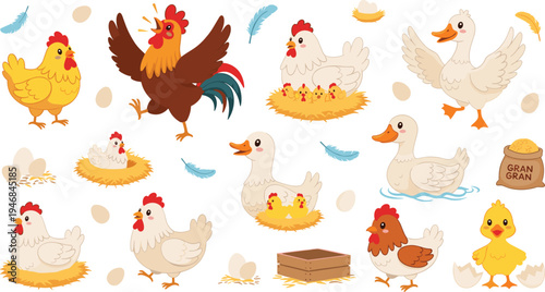 Cute Farm Poultry Animals and Chicks Collection with Rooster, Hen, Duck, Nest, Eggs, Grain Sack, and Barnyard Bird Cartoon Vector Illustration Set