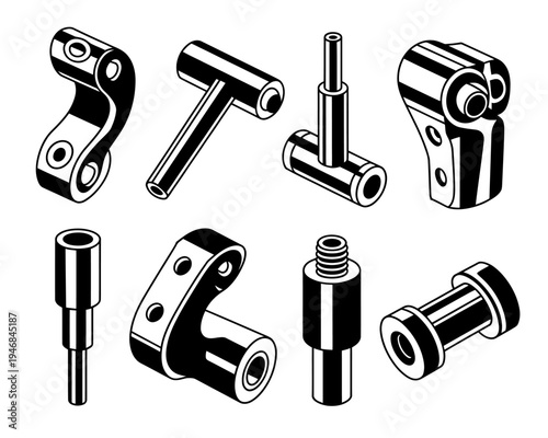 Set of metal industrial parts and tools for machinery construction