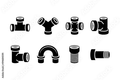 Set of realistic pipe fittings and connectors for plumbing and water supply systems