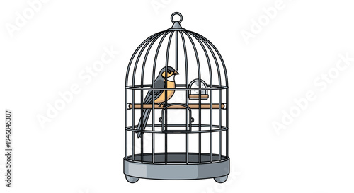 Bird sitting on a perch inside cage.