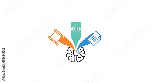Brain with film and document icons.