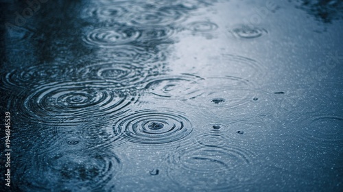 expanding. Heavy raindrops creating colliding circular ripples on a puddle surface. travel magazines, destination branding, designed for outdoor magazines and nature guides.