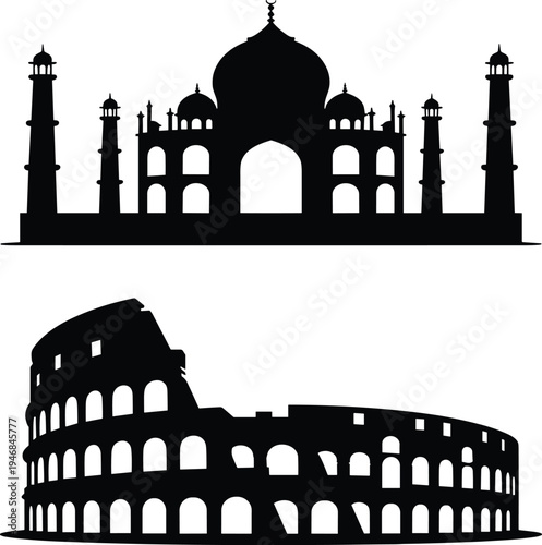 Black and white silhouettes of Taj Mahal and Colosseum landmarks d