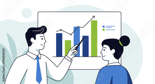 Businessman explaining graph to woman.