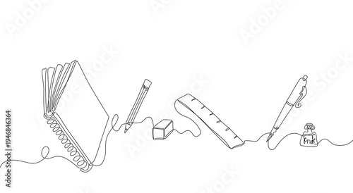 Continuous one line drawing of school supplies including notebook, pen, ruler, eraser, and pencil connected by a single flowing line, minimalist education concept illustration. Vector Editable stroke