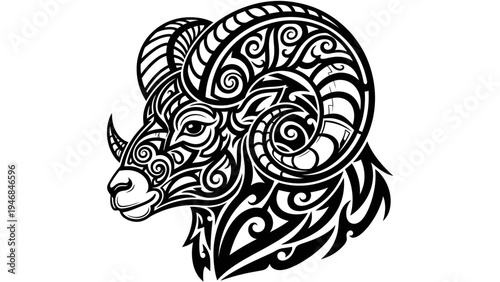Tribal Ram Head Tattoo Design - Aries Zodiac Symbol