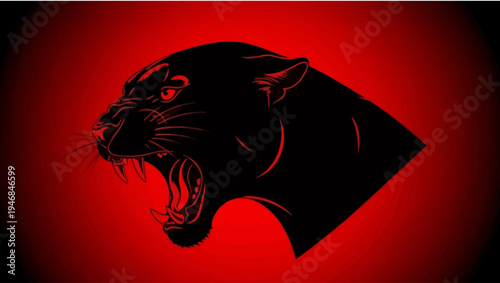 Aggressive Black Panther Roaring with Red Gradient Background - Fierce Predator